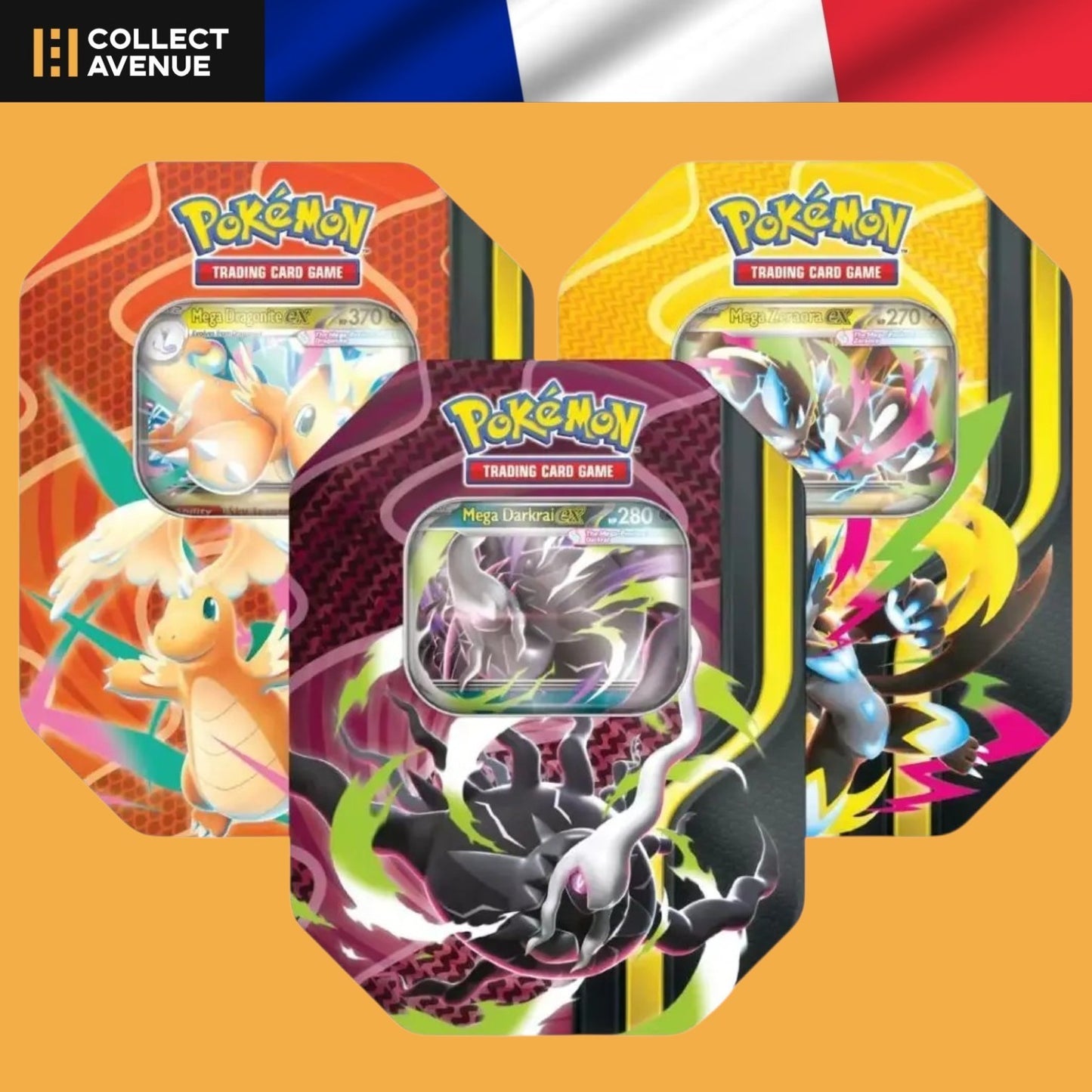 Pokébox Méga Puissances Pokémon version française, 4 boosters et carte promo Méga-Dracolosse-ex, Méga-Darkrai-ex ou Méga-Zeraora-ex