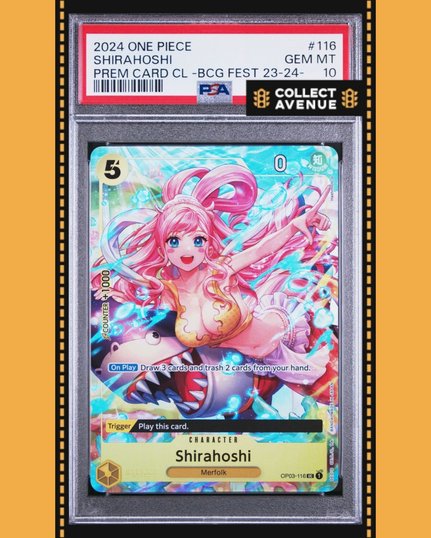 ☠️🚦ONE PIECE PSA 10 SHIRAHOSHI PRE CARD COLL BCG FEST 23-24 OP03-116 EN🚦☠️