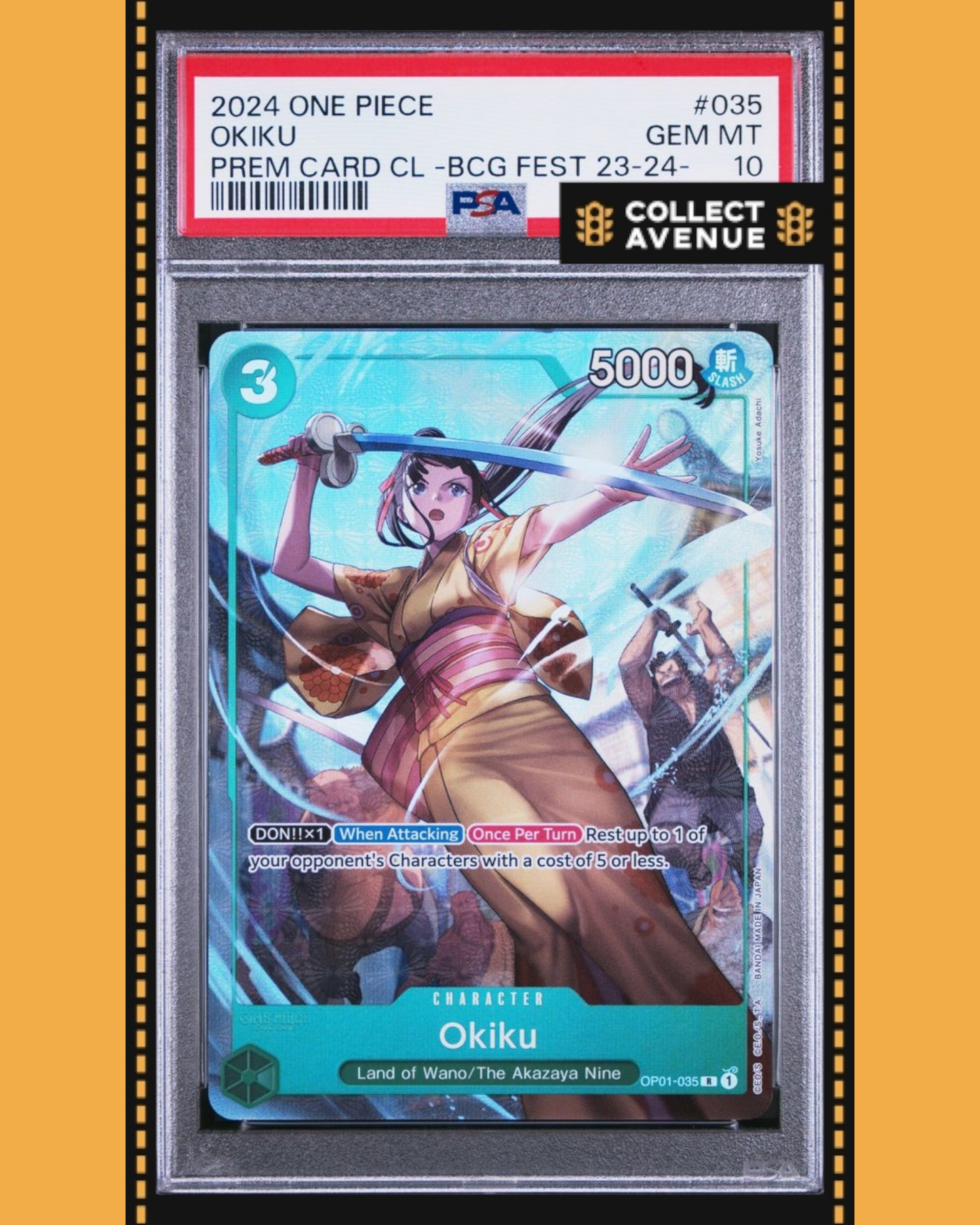 ☠️🚦ONE PIECE PSA 10 OKIKU PRE CARD COLL BCG FEST 23-24 OP01-035 EN🚦☠️