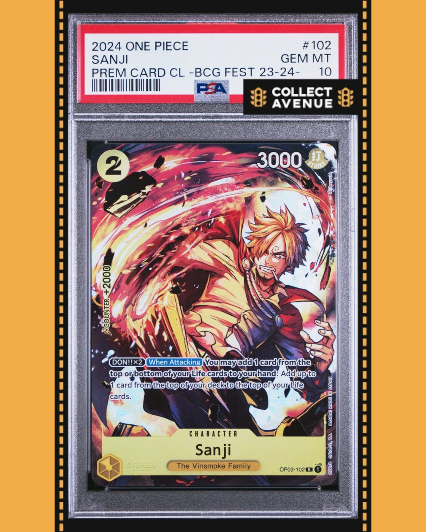 ☠️🚦ONE PIECE PSA 10 SANJI PRE CARD COLL BCG FEST 23-24 OP03-102 EN🚦☠️