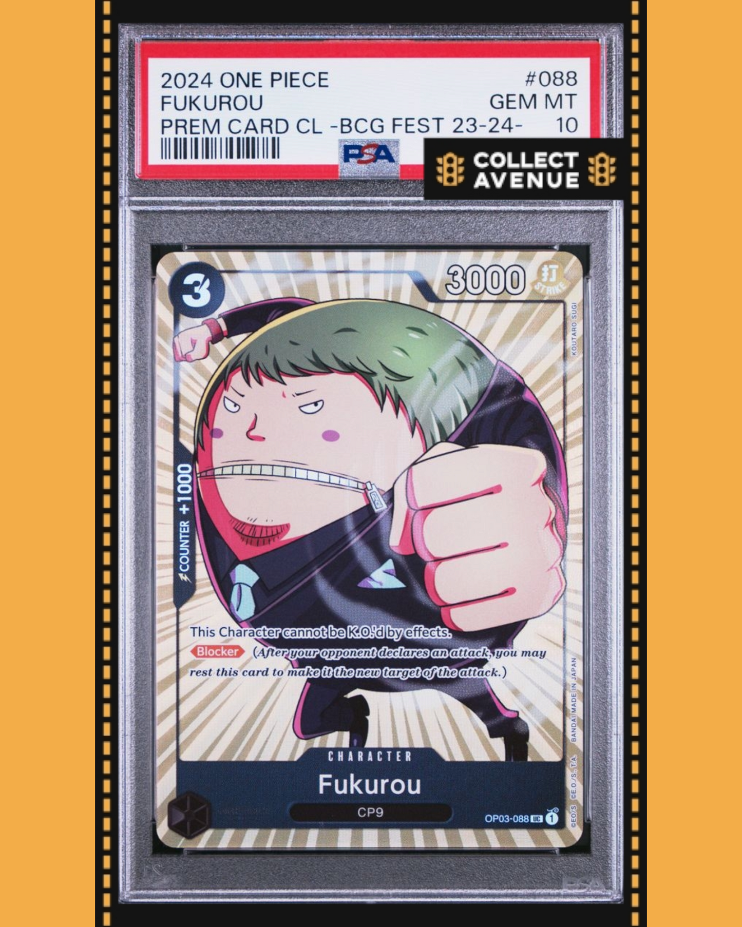 ☠️🚦ONE PIECE PSA 10 FUKUROU PRE CARD COLL BCG FEST 23-24 OP03-088 EN🚦☠️