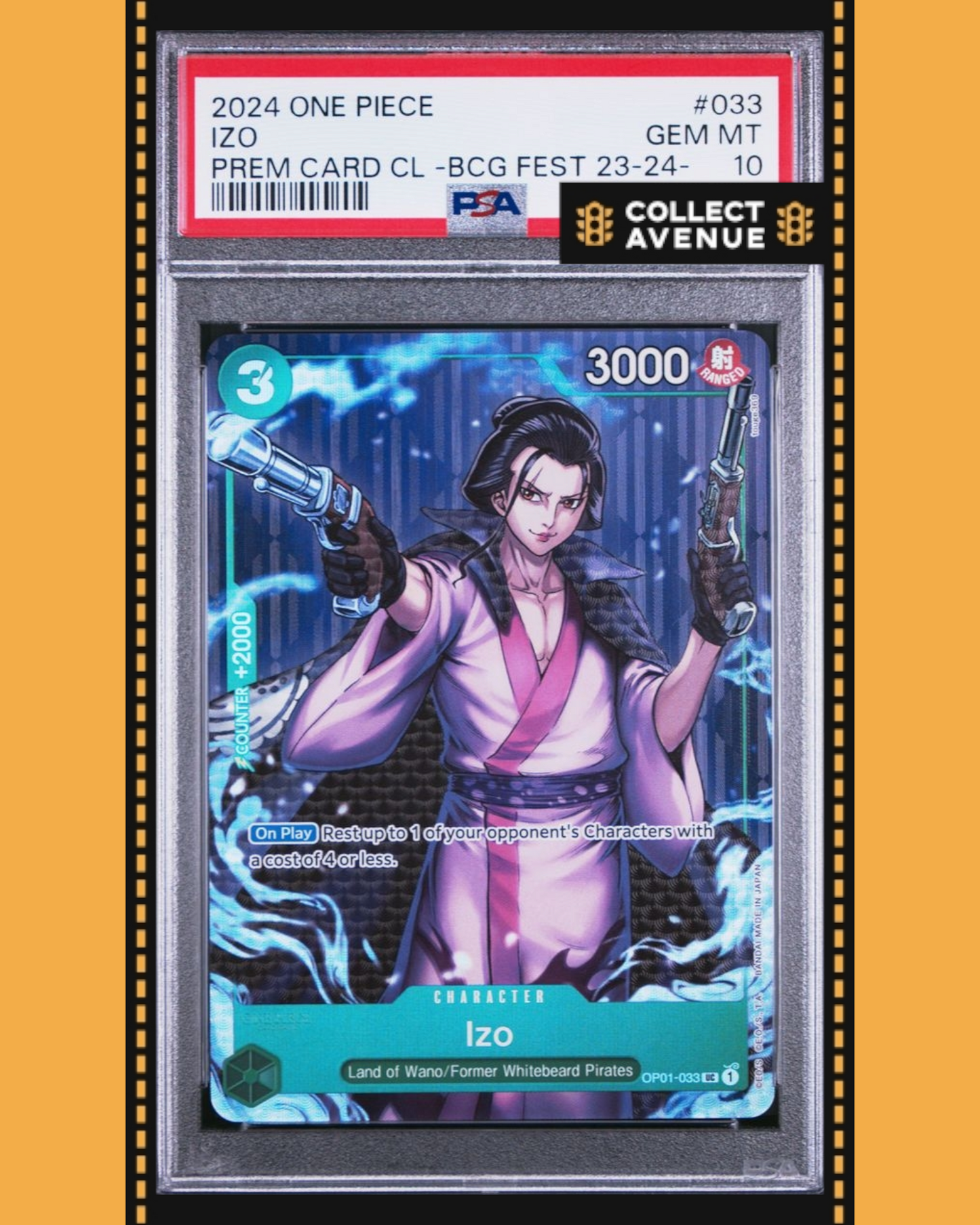 ☠️🚦ONE PIECE PSA 10 IZO PRE CARD COLL BCG FEST 23-24 OP01-033 EN🚦☠️