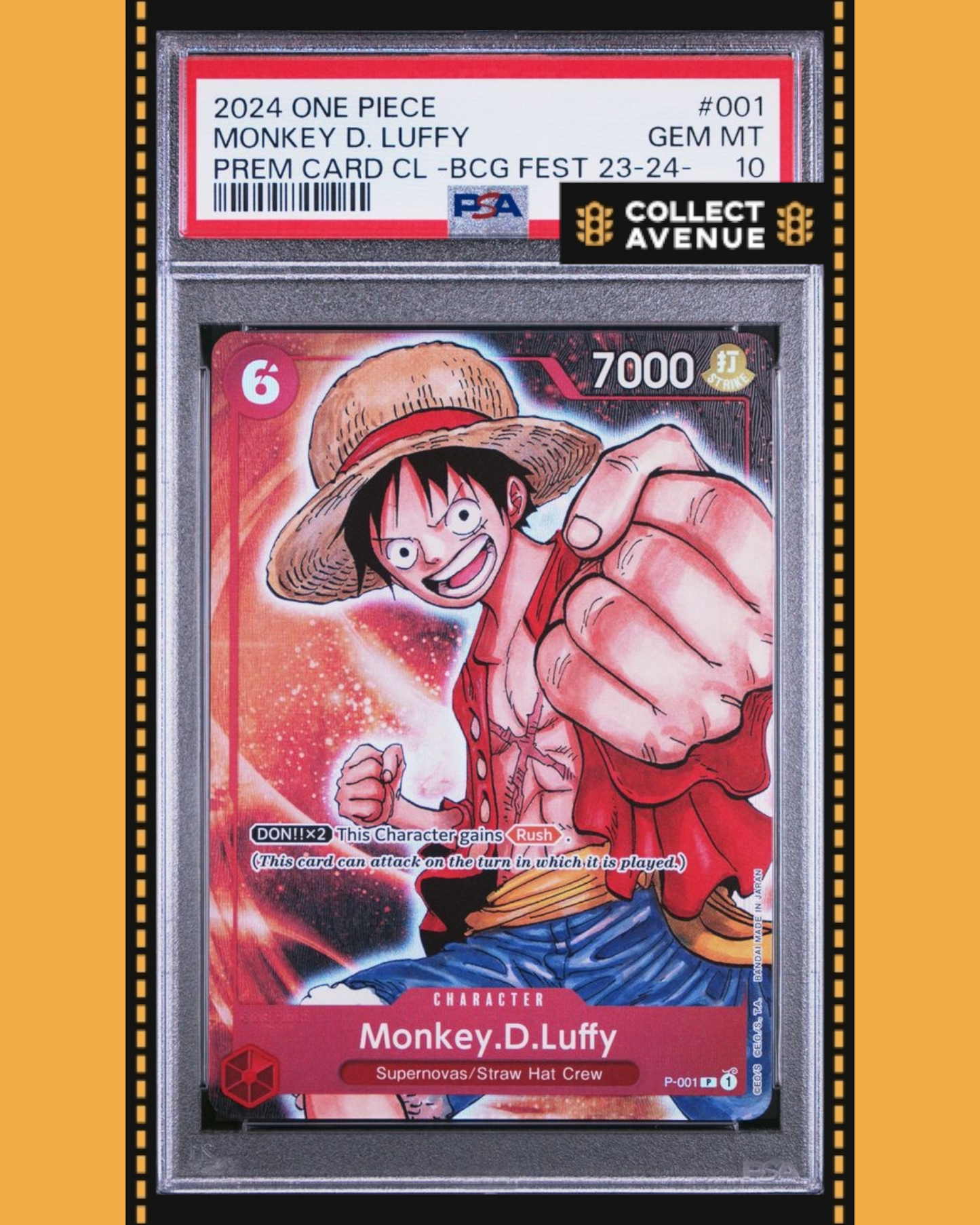 ☠️🚦ONE PIECE PSA 10 MONKEY D.LUFFY PRE CARD COLL BCG FEST 23-24 P-001 EN🚦☠️