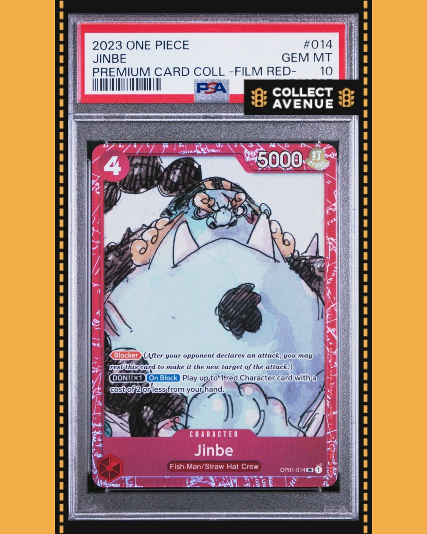 ☠️🚦ONE PIECE PSA 10 JINBE PRE CARD COLL-FILM RED OP01-014 EN🚦☠️