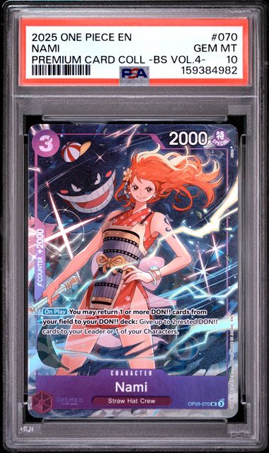 Carte One Piece Nami OP09-070 Premium Card Collection anglaise gradée PSA 10 GEM MT, recto sous coque PSA