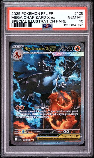 Carte Pokémon Méga-Dracaufeu X ex 125/094 Special Illustration Rare française gradée PSA 10 GEM MT, recto