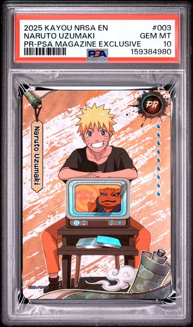 Carte Naruto Uzumaki PR-003 PSA Magazine Exclusive anglaise gradée PSA 10 GEM MT, recto sous coque PSA