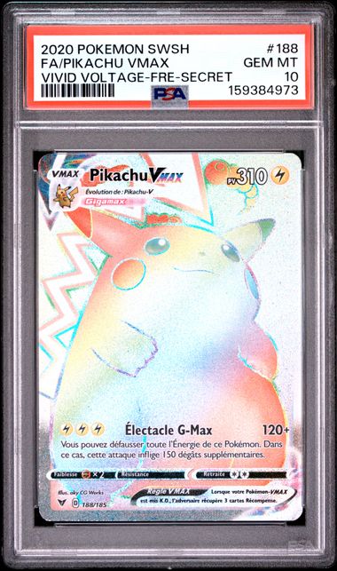 Carte Pokémon Pikachu VMAX 188/185 Secret Rainbow française gradée PSA 10 GEM MT, recto sous coque PSA